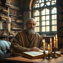 A wise man named Daniel, depicted as a middle-aged man with a solemn expression, sitting in a beautifully decorated ancient library filled with scrolls and religious texts