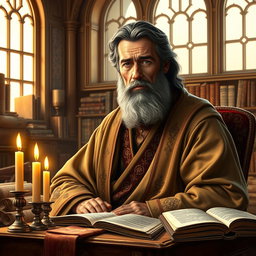 A wise man named Daniel, depicted as a middle-aged man with a solemn expression, sitting in a beautifully decorated ancient library filled with scrolls and religious texts