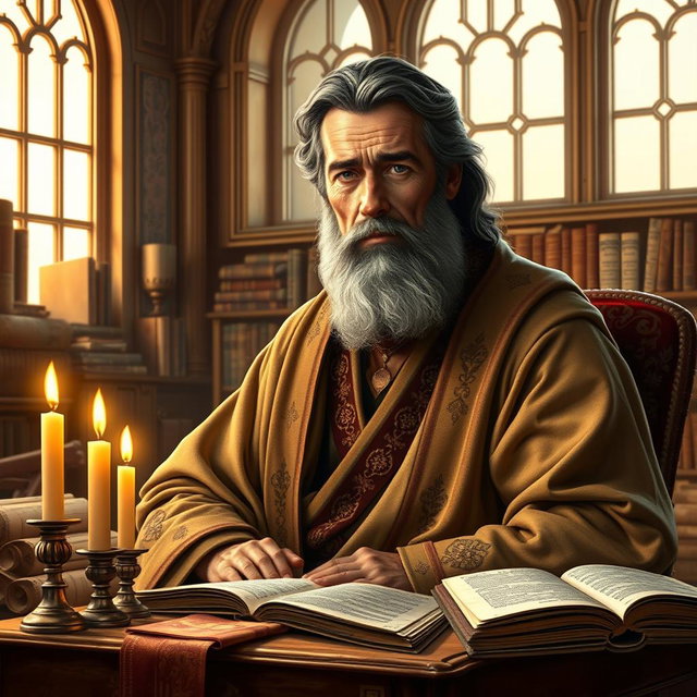 A wise man named Daniel, depicted as a middle-aged man with a solemn expression, sitting in a beautifully decorated ancient library filled with scrolls and religious texts