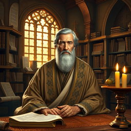 A wise man named Daniel, depicted as a middle-aged man with a solemn expression, sitting in a beautifully decorated ancient library filled with scrolls and religious texts