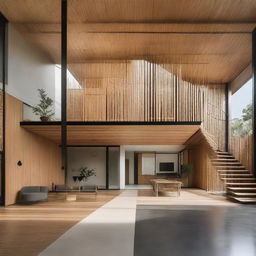 Subtly upgrade the previous industrial minimalist house by incorporating 30% bamboo elements into the facade, achieving a 1000% aesthetic improvement