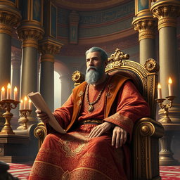 In the kingdom of Babylon, a wise man named Daniel is portrayed as a middle-aged man with a thoughtful expression, sitting on a lavish throne-like seat in a beautifully adorned palace chamber