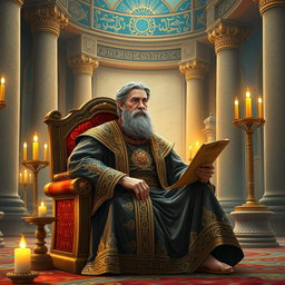 In the kingdom of Babylon, a wise man named Daniel is portrayed as a middle-aged man with a thoughtful expression, sitting on a lavish throne-like seat in a beautifully adorned palace chamber