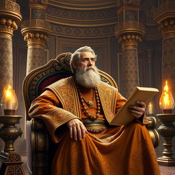 In the kingdom of Babylon, a wise man named Daniel is portrayed as a middle-aged man with a thoughtful expression, sitting on a lavish throne-like seat in a beautifully adorned palace chamber