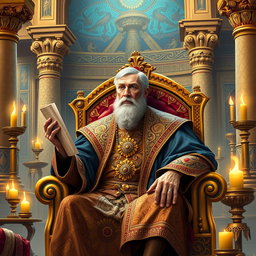In the kingdom of Babylon, a wise man named Daniel is portrayed as a middle-aged man with a thoughtful expression, sitting on a lavish throne-like seat in a beautifully adorned palace chamber