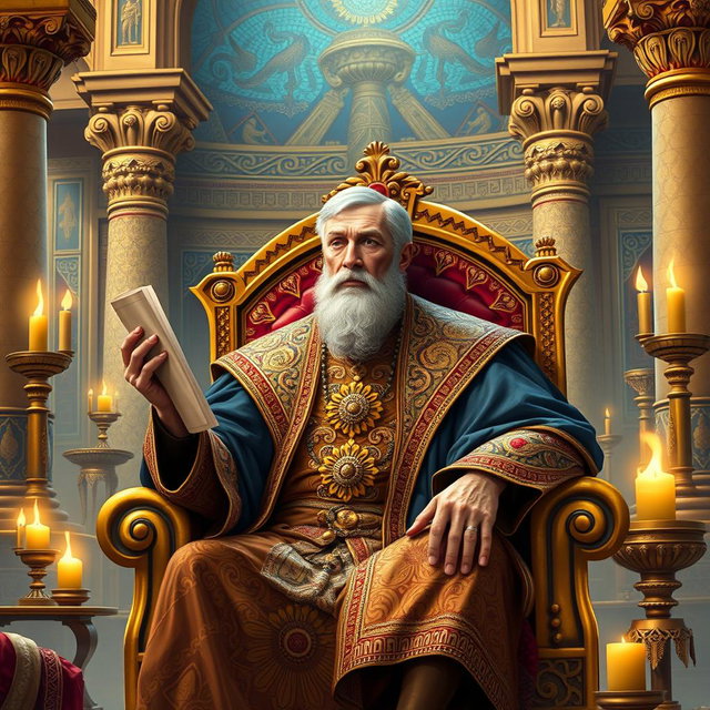 In the kingdom of Babylon, a wise man named Daniel is portrayed as a middle-aged man with a thoughtful expression, sitting on a lavish throne-like seat in a beautifully adorned palace chamber