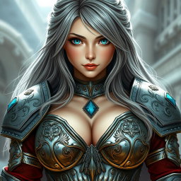 A voluptuous European cleric girl with bright turquoise eyes and long ash grey hair