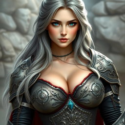 A voluptuous European cleric girl with bright turquoise eyes and long ash grey hair