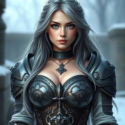 A voluptuous European cleric girl with bright turquoise eyes and long ash grey hair