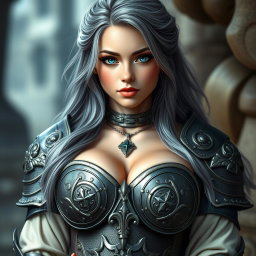 A voluptuous European cleric girl with bright turquoise eyes and long ash grey hair