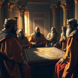 A tense and dramatic scene depicting envy among Babylonian governors gathered in a luxurious palace setting