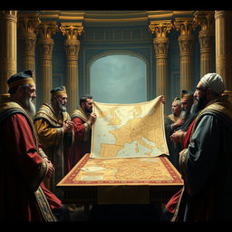 A tense and dramatic scene depicting envy among Babylonian governors gathered in a luxurious palace setting