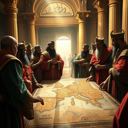 A tense and dramatic scene depicting envy among Babylonian governors gathered in a luxurious palace setting
