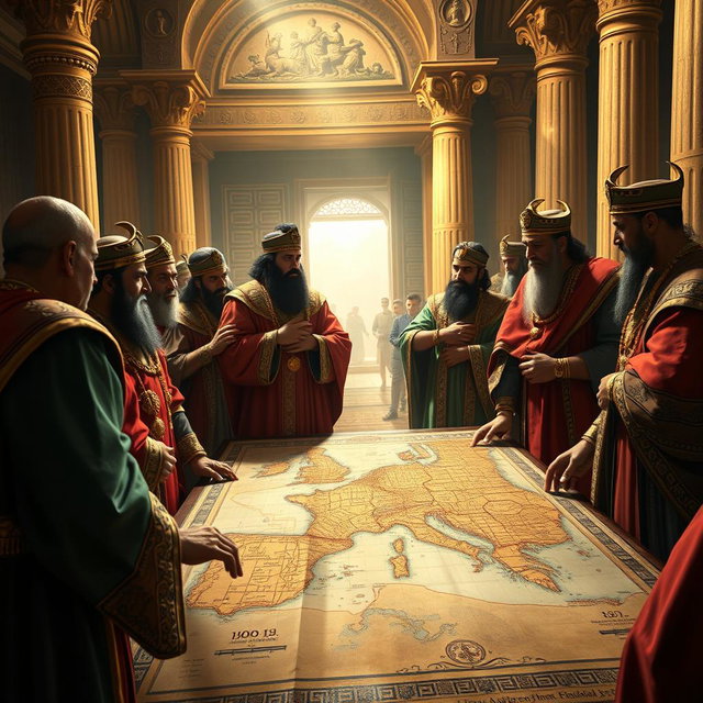A tense and dramatic scene depicting envy among Babylonian governors gathered in a luxurious palace setting