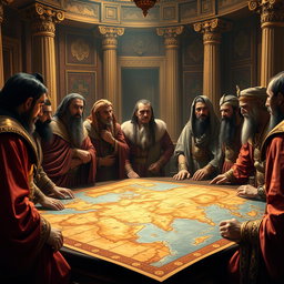 A tense and dramatic scene depicting envy among Babylonian governors gathered in a luxurious palace setting