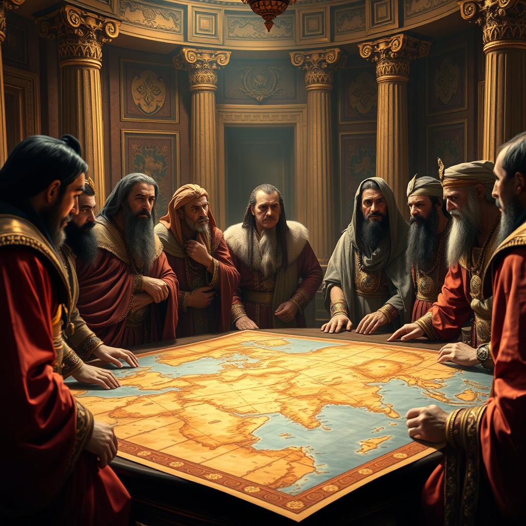 A tense and dramatic scene depicting envy among Babylonian governors gathered in a luxurious palace setting