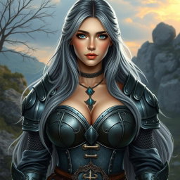 A very busty European cleric girl with bright turquoise eyes and long ash grey hair, showcasing a lovely shy and cute oval-shaped face