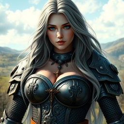 A very busty European cleric girl with bright turquoise eyes and long ash grey hair, showcasing a lovely shy and cute oval-shaped face