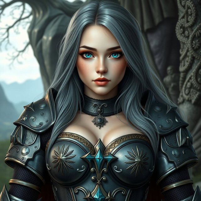 A very busty European cleric girl with bright turquoise eyes and long ash grey hair, showcasing a lovely shy and cute oval-shaped face