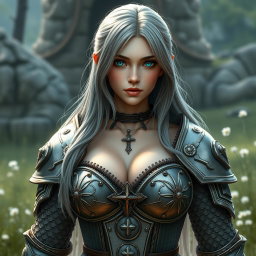 A very busty European cleric girl with bright turquoise eyes and long ash grey hair, showcasing a lovely shy and cute oval-shaped face