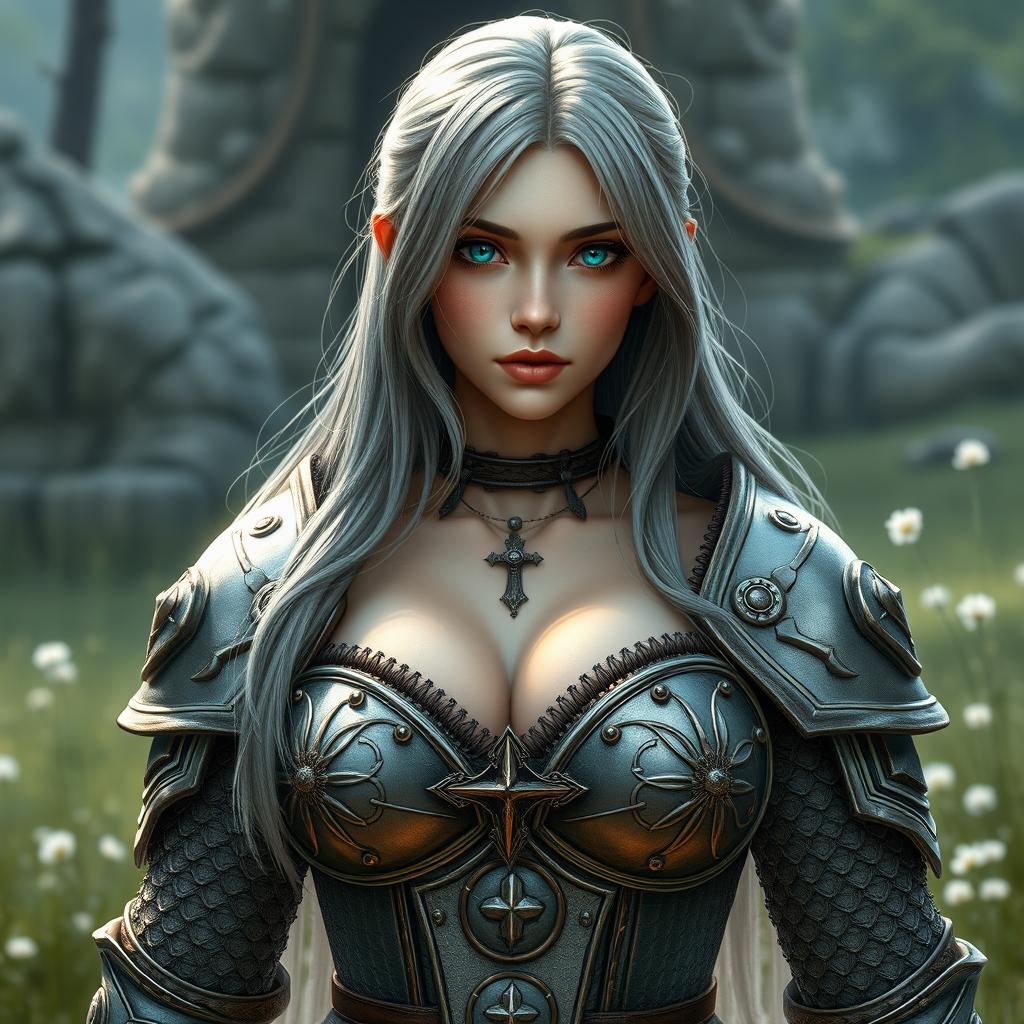 A very busty European cleric girl with bright turquoise eyes and long ash grey hair, showcasing a lovely shy and cute oval-shaped face