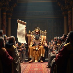 A dramatic scene depicting the moment a decree is presented in the royal court of Babylon, where a stern king, dressed in opulent robes and sitting on a grand throne, holds a scroll high for all to see