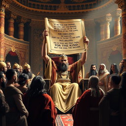 A dramatic scene depicting the moment a decree is presented in the royal court of Babylon, where a stern king, dressed in opulent robes and sitting on a grand throne, holds a scroll high for all to see