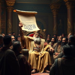 A dramatic scene depicting the moment a decree is presented in the royal court of Babylon, where a stern king, dressed in opulent robes and sitting on a grand throne, holds a scroll high for all to see