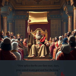 A dramatic scene depicting the moment a decree is presented in the royal court of Babylon, where a stern king, dressed in opulent robes and sitting on a grand throne, holds a scroll high for all to see