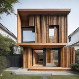 Subtly upgrade the previous industrial minimalist house by incorporating 30% bamboo elements into the facade, achieving a 1000% aesthetic improvement