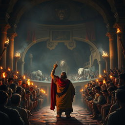 A dramatic scene depicting a grand ancient arena where a stern ruler stands before a crowd, commanding attention