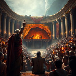 A dramatic scene depicting a grand ancient arena where a stern ruler stands before a crowd, commanding attention