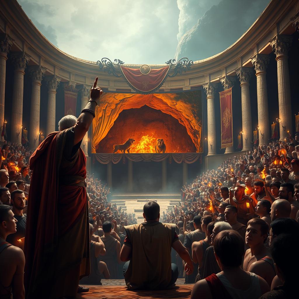 A dramatic scene depicting a grand ancient arena where a stern ruler stands before a crowd, commanding attention