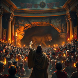 A dramatic scene depicting a grand ancient arena where a stern ruler stands before a crowd, commanding attention