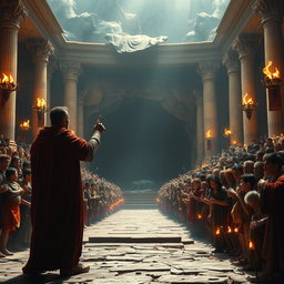 A dramatic scene depicting a grand ancient arena where a stern ruler stands before a crowd, commanding attention