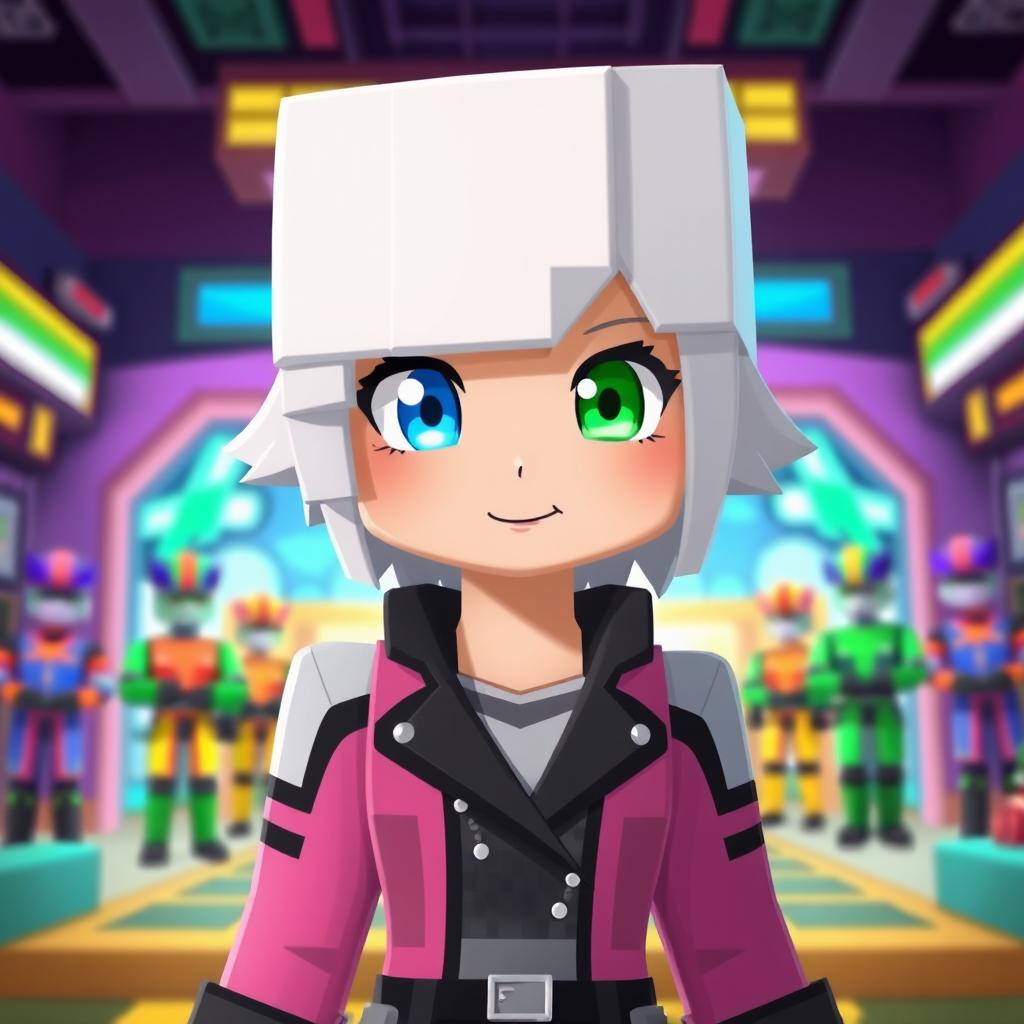 A female Minecraft character with short white hair, featuring one blue eye and another green eye, in a vibrant and colorful Squid Game environment