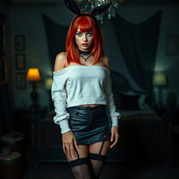 A sexy gothic girl with shoulder-length red hair and big breasts, showcasing her allure, wearing a white crop shoulderless cotton sweatshirt paired with a fashionable leather skirt