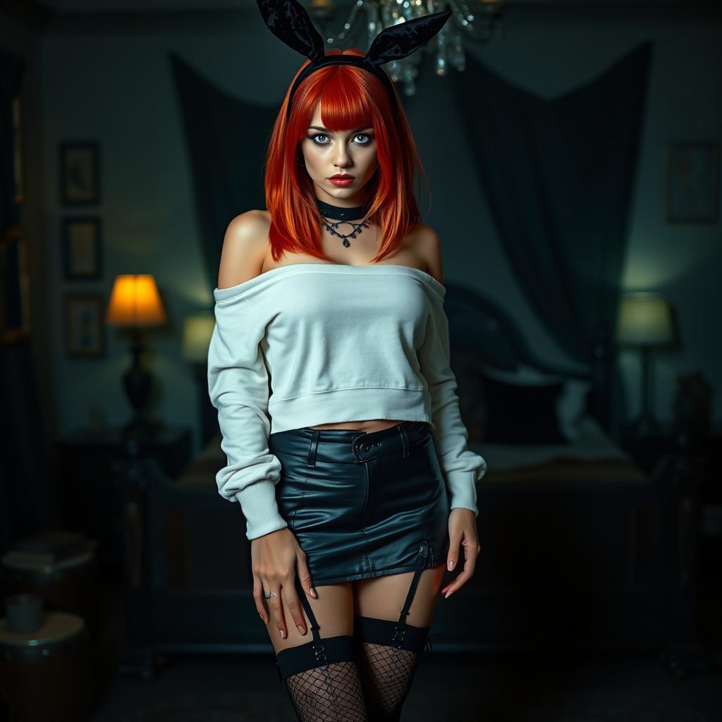 A sexy gothic girl with shoulder-length red hair and big breasts, showcasing her allure, wearing a white crop shoulderless cotton sweatshirt paired with a fashionable leather skirt