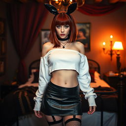 A sexy gothic girl with shoulder-length red hair and big breasts, showcasing her allure, wearing a white crop shoulderless cotton sweatshirt paired with a fashionable leather skirt