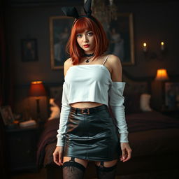 A sexy gothic girl with shoulder-length red hair and big breasts, showcasing her allure, wearing a white crop shoulderless cotton sweatshirt paired with a fashionable leather skirt