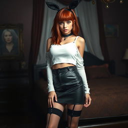 A sexy gothic girl with shoulder-length red hair and big breasts, showcasing her allure, wearing a white crop shoulderless cotton sweatshirt paired with a fashionable leather skirt