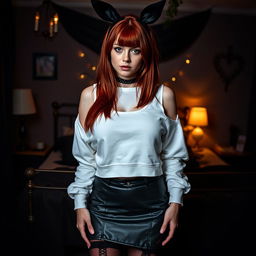 A sexy gothic girl with a smooth face and shoulder-length red hair, exuding youthful confidence and allure