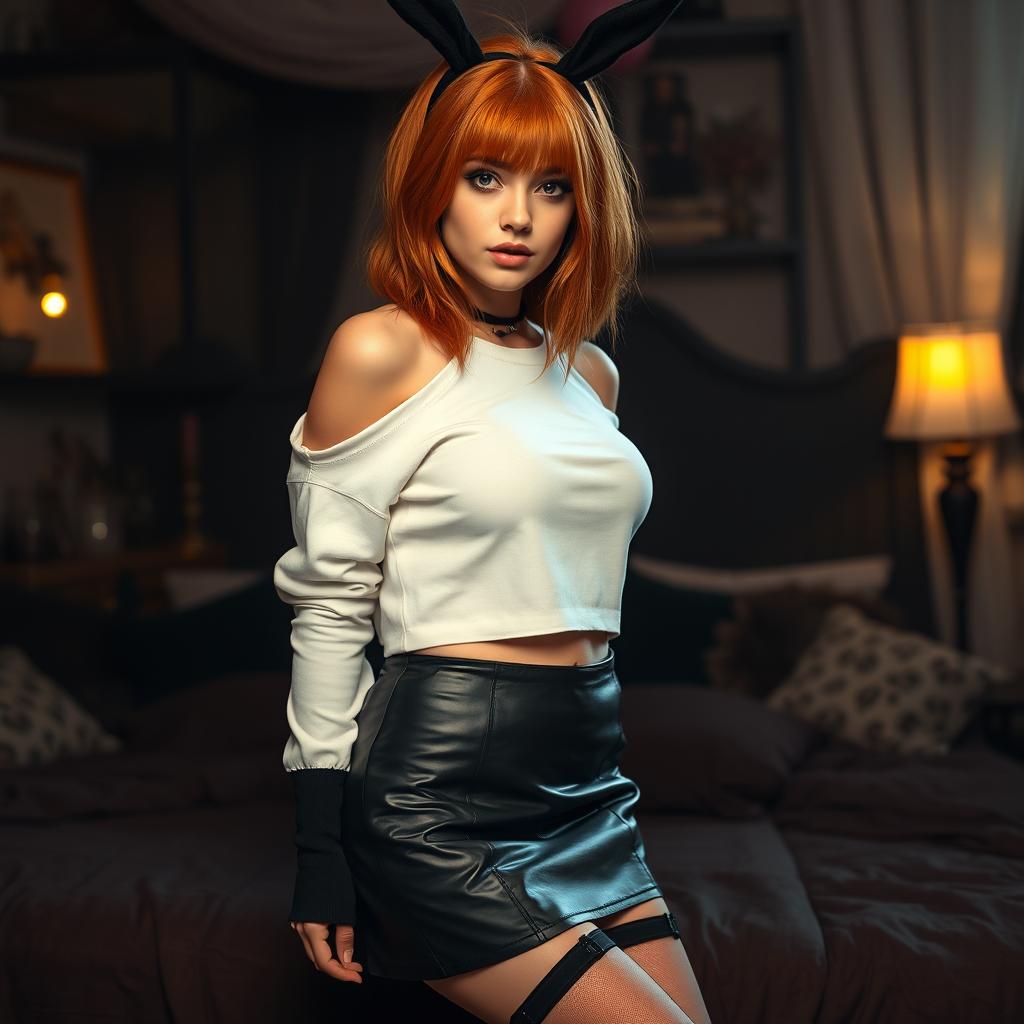 A sexy gothic girl with a smooth face and shoulder-length red hair, exuding youthful confidence and allure