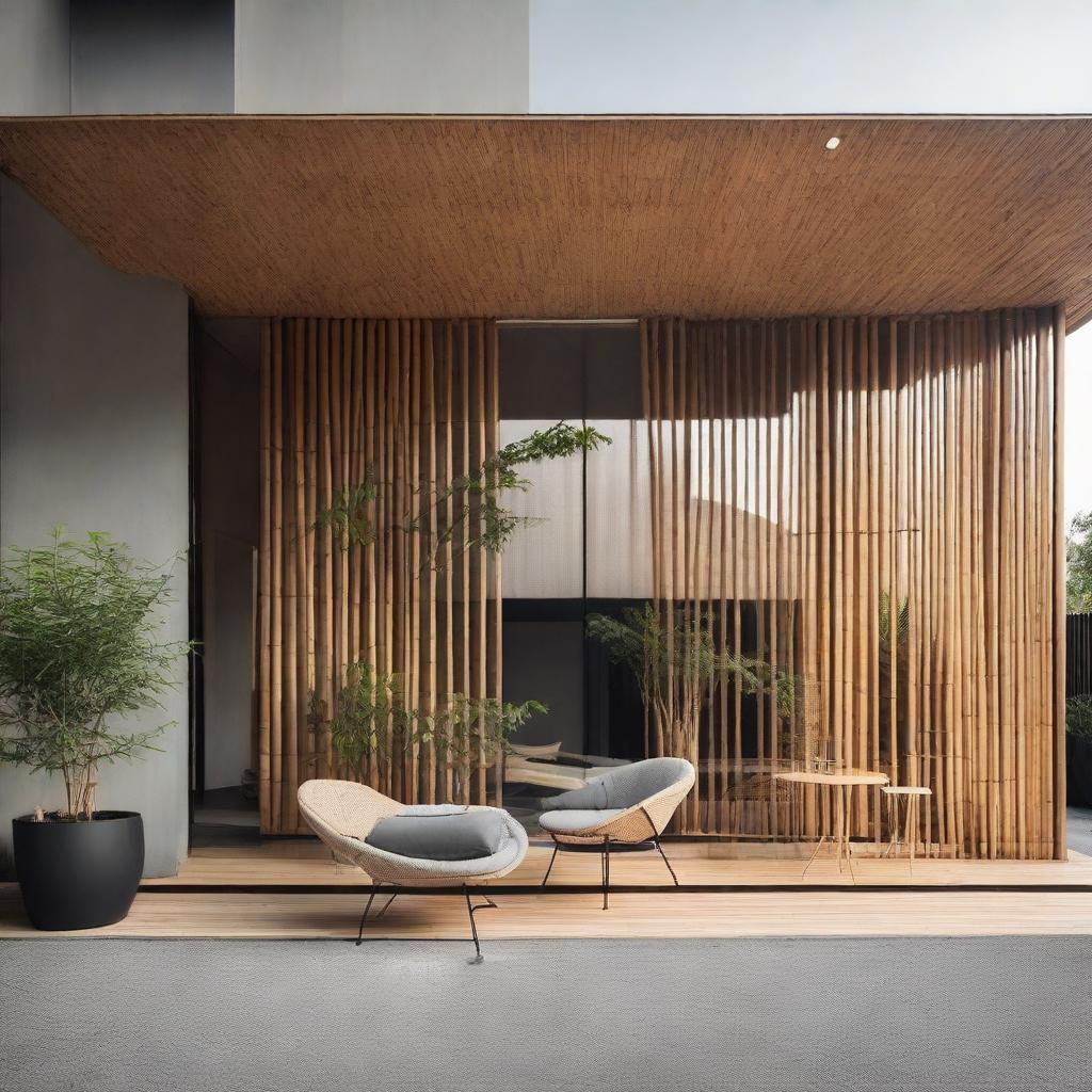 Subtly upgrade the previous industrial minimalist house by incorporating 30% bamboo elements into the facade, achieving a 1000% aesthetic improvement