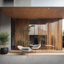 Subtly upgrade the previous industrial minimalist house by incorporating 30% bamboo elements into the facade, achieving a 1000% aesthetic improvement