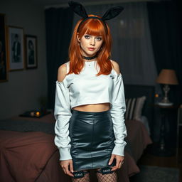 A sexy 18-year-old girl with a smooth face and shoulder-length red hair, showcasing her vibrant style and confidence