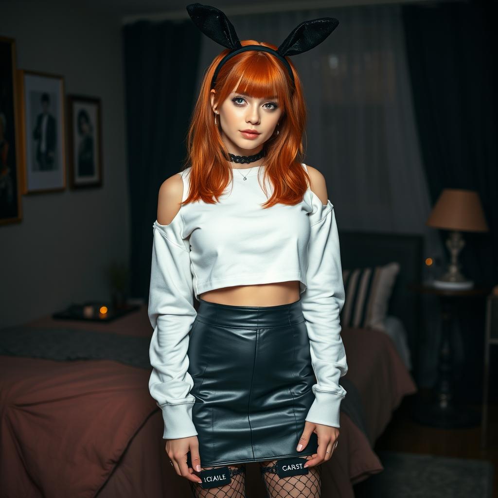 A sexy 18-year-old girl with a smooth face and shoulder-length red hair, showcasing her vibrant style and confidence