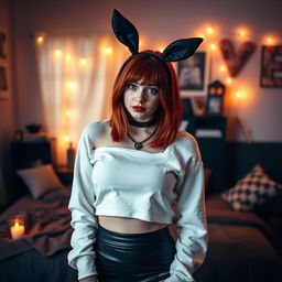 A sexy 18-year-old girl with a smooth face and shoulder-length red hair, showcasing her vibrant style and confidence