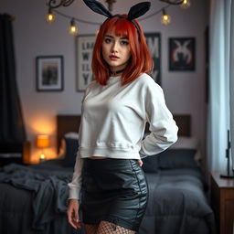 A sexy 18-year-old girl with a smooth face and shoulder-length red hair, showcasing her vibrant style and confidence