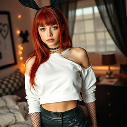 A sexy 18-year-old girl with a smooth face and shoulder-length red hair, showcasing her vibrant style and confidence